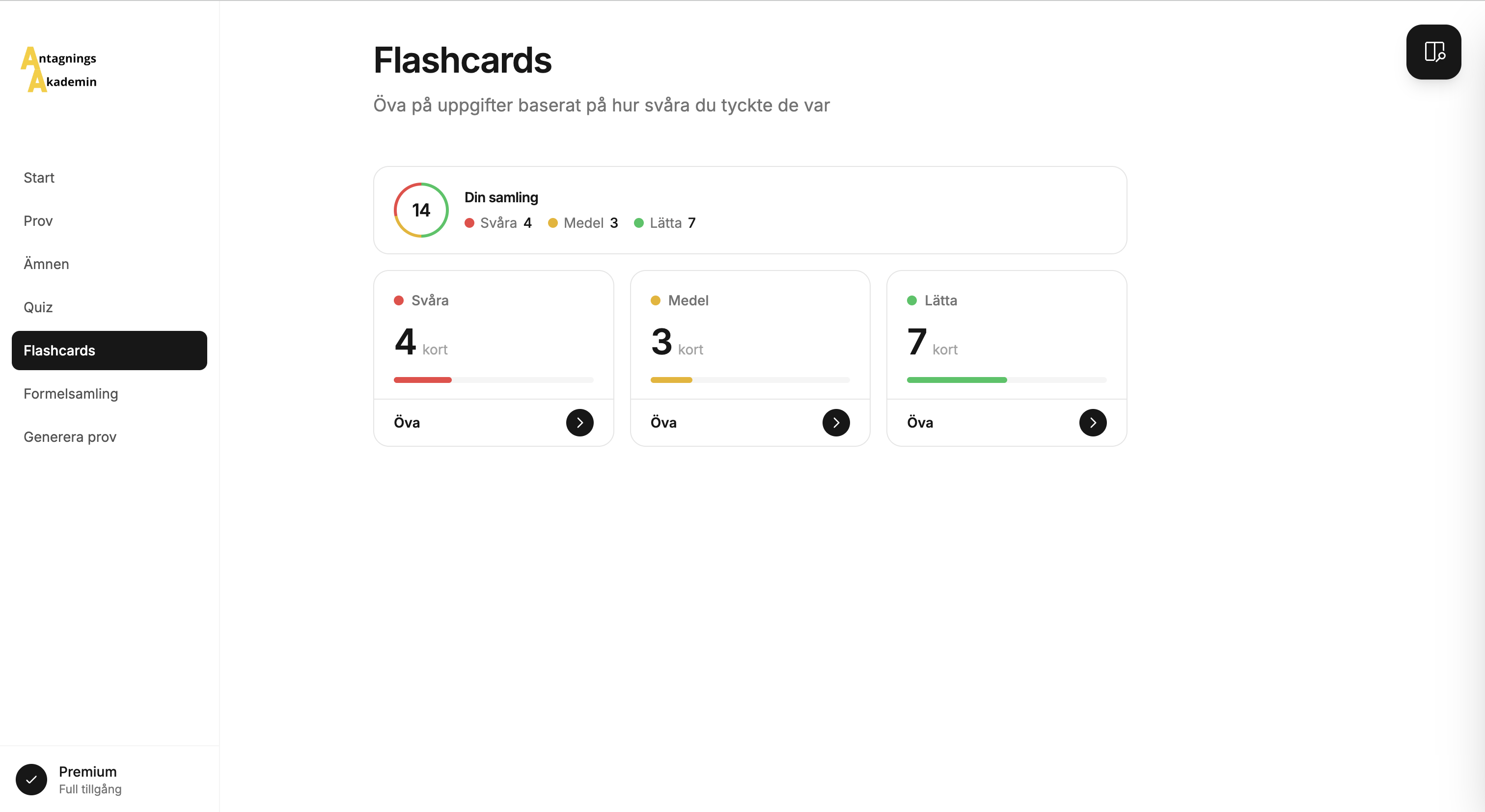 Flashcards sorterade efter svårighetsgrad