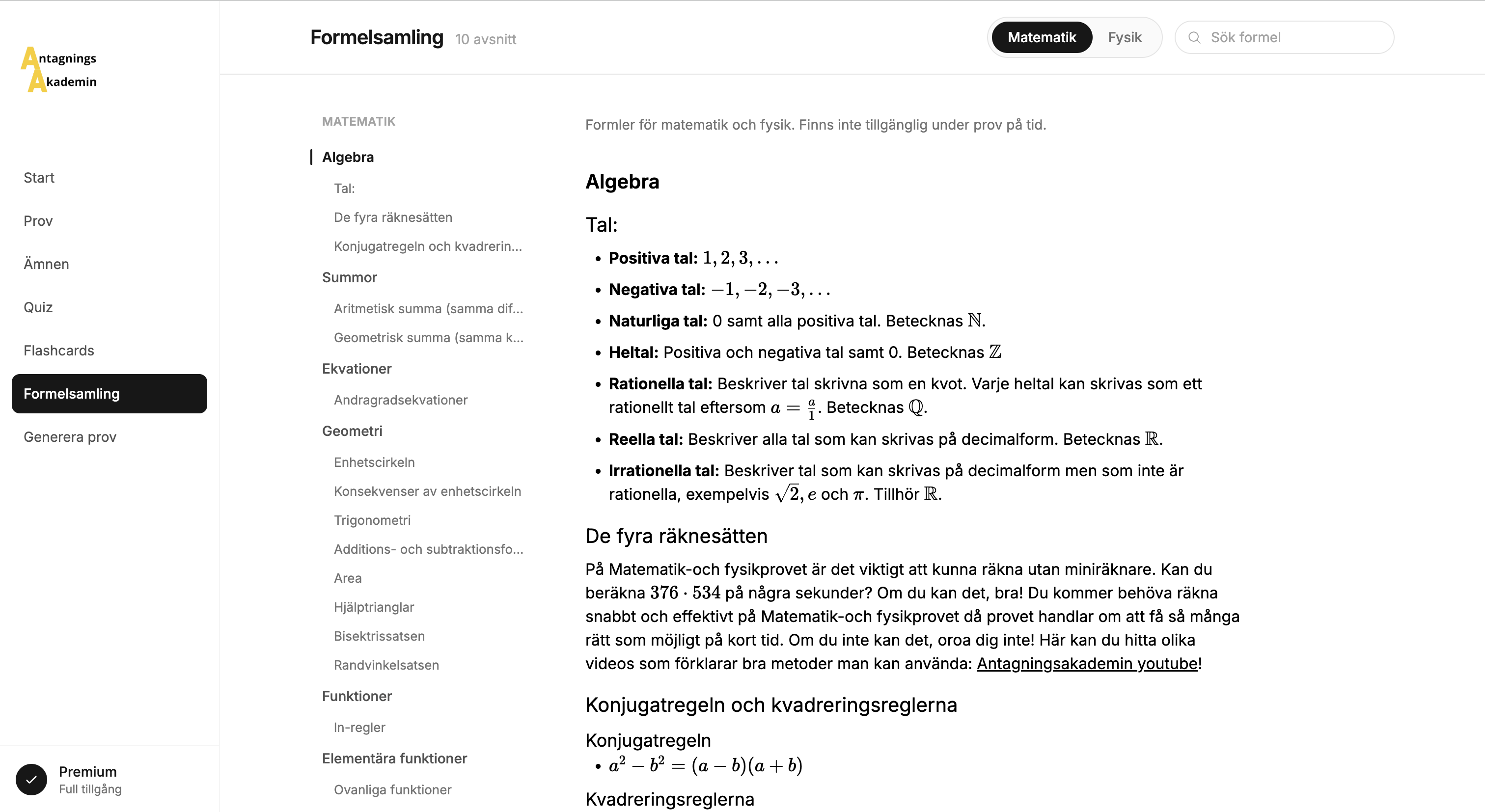 Skärmbild av formelsamlingen i MaFy-kursen
