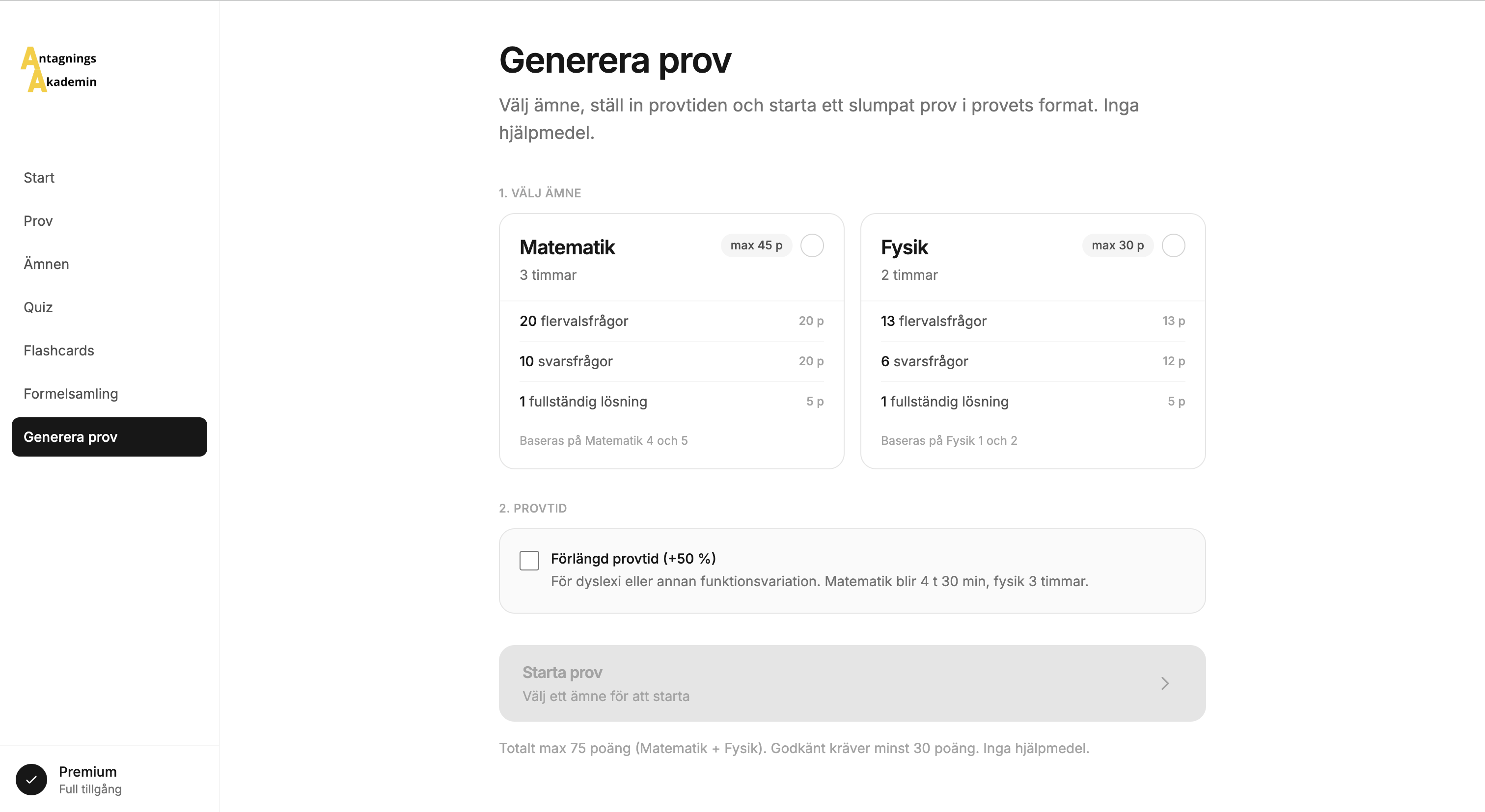 Skärmbild av Antagningsakademins provgenerator