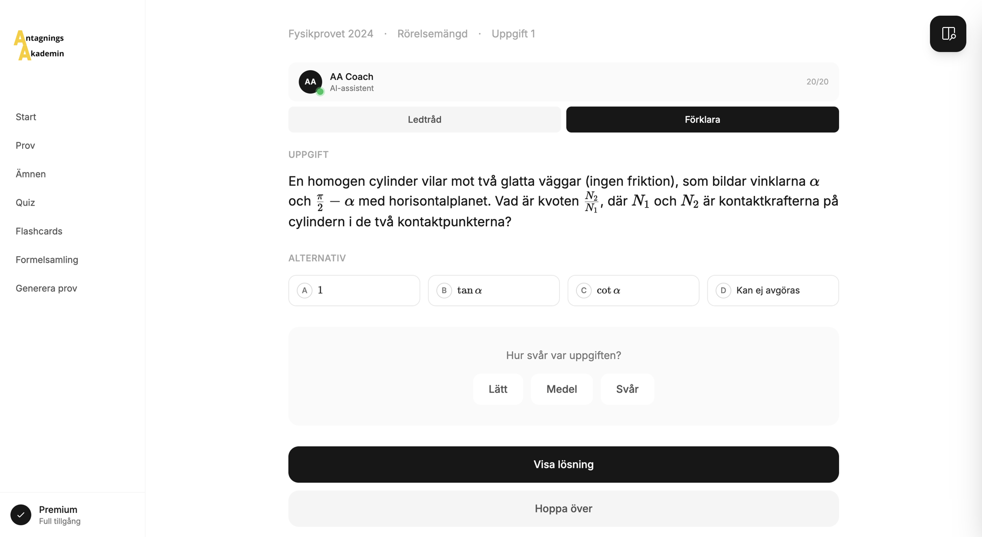 Skärmbild av en MaFy-uppgift med AA Coach, ledtråd och förklaring